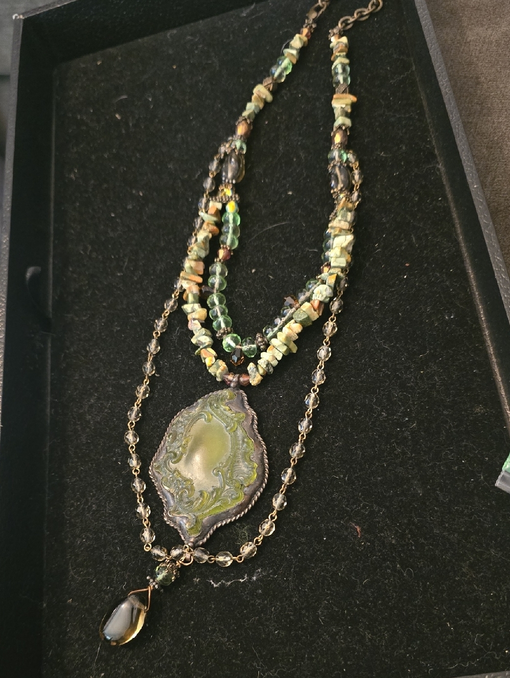 Maya Olive Green and Gold Multi-Strand Pendant Necklace
